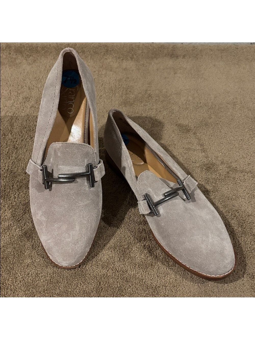 Franco Sarto Taupe Suede Harlow Loafers with Metal Detail on Vamp - Size 7.5